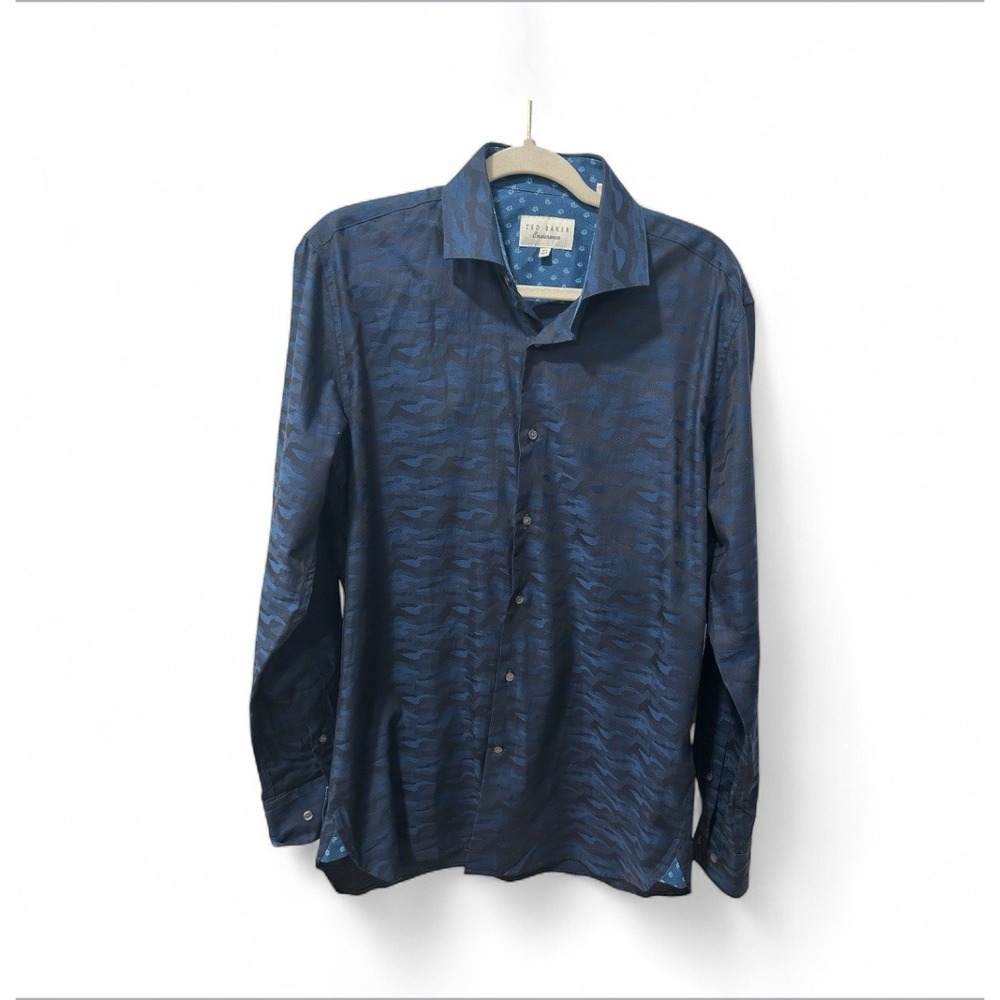 TED BAKER Endurance Camo Jacquard Endurance Shirt Sz‎ 15 1/2 34/35 Sleeve Blue